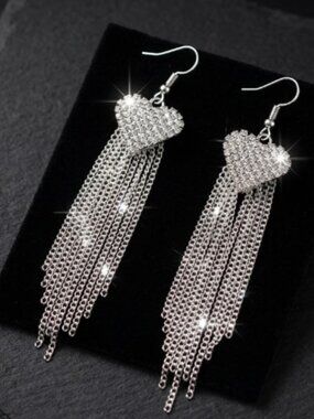 Silver Rhinestone Heart Tassel Drop Earrings Long Chain Fringe Statement Party
